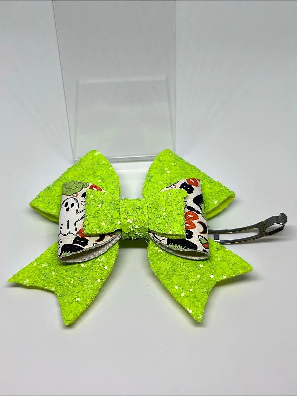 Green & White Sequin Animal Print Bow Hair Clip